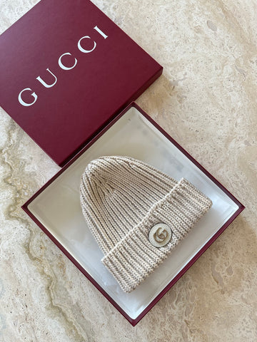 Gucci GG Rib Knit Wool Lamé Hat Ivory S