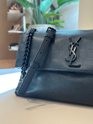 YSL Grain de Poudre West Hollywood Medium Flap Bag Black BHW