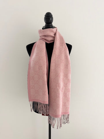 Gucci GG Jacquard Wool Reversible Scarf Grey Metallic/Pink