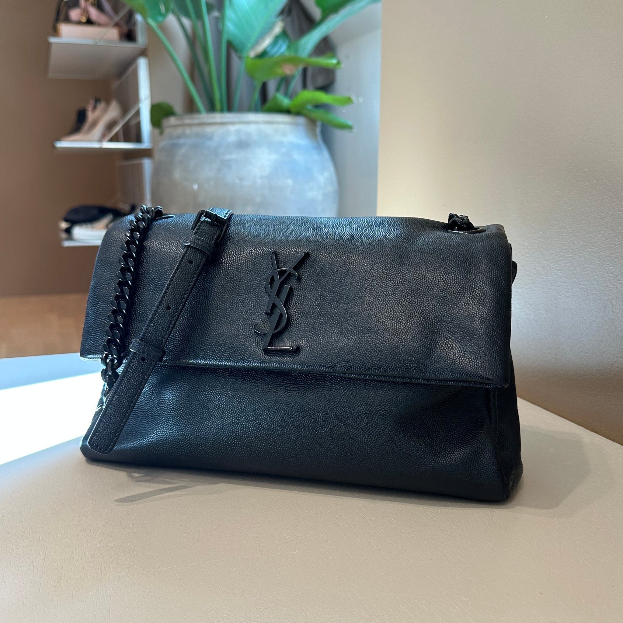 YSL Grain de Poudre West Hollywood Medium Flap Bag Black BHW