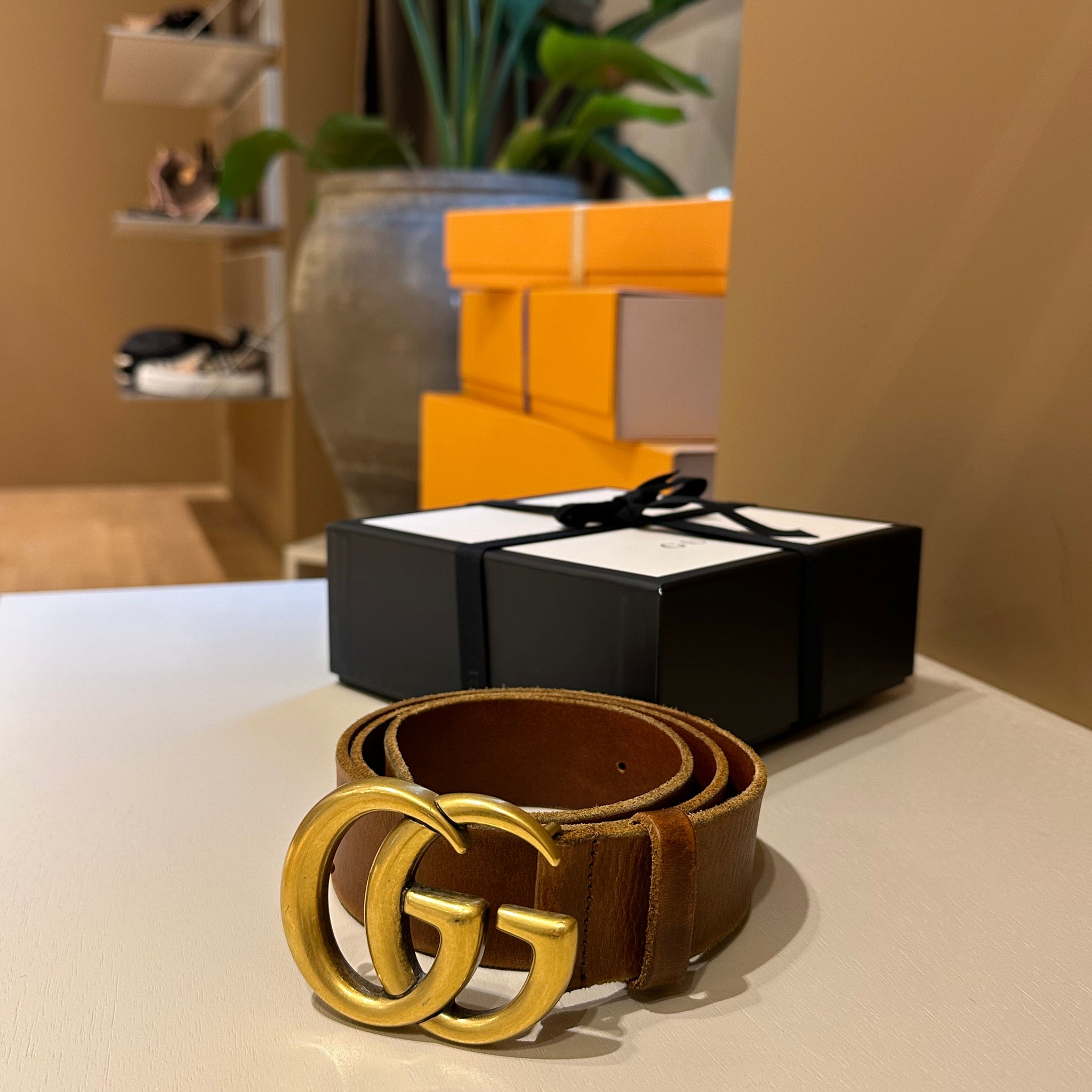 Gucci GG Marmont Wide Brown Faded Leather Belt 85