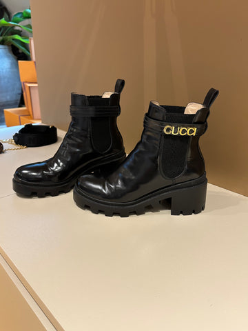 Gucci Trip Leather Logo-Strap Boots Black 37