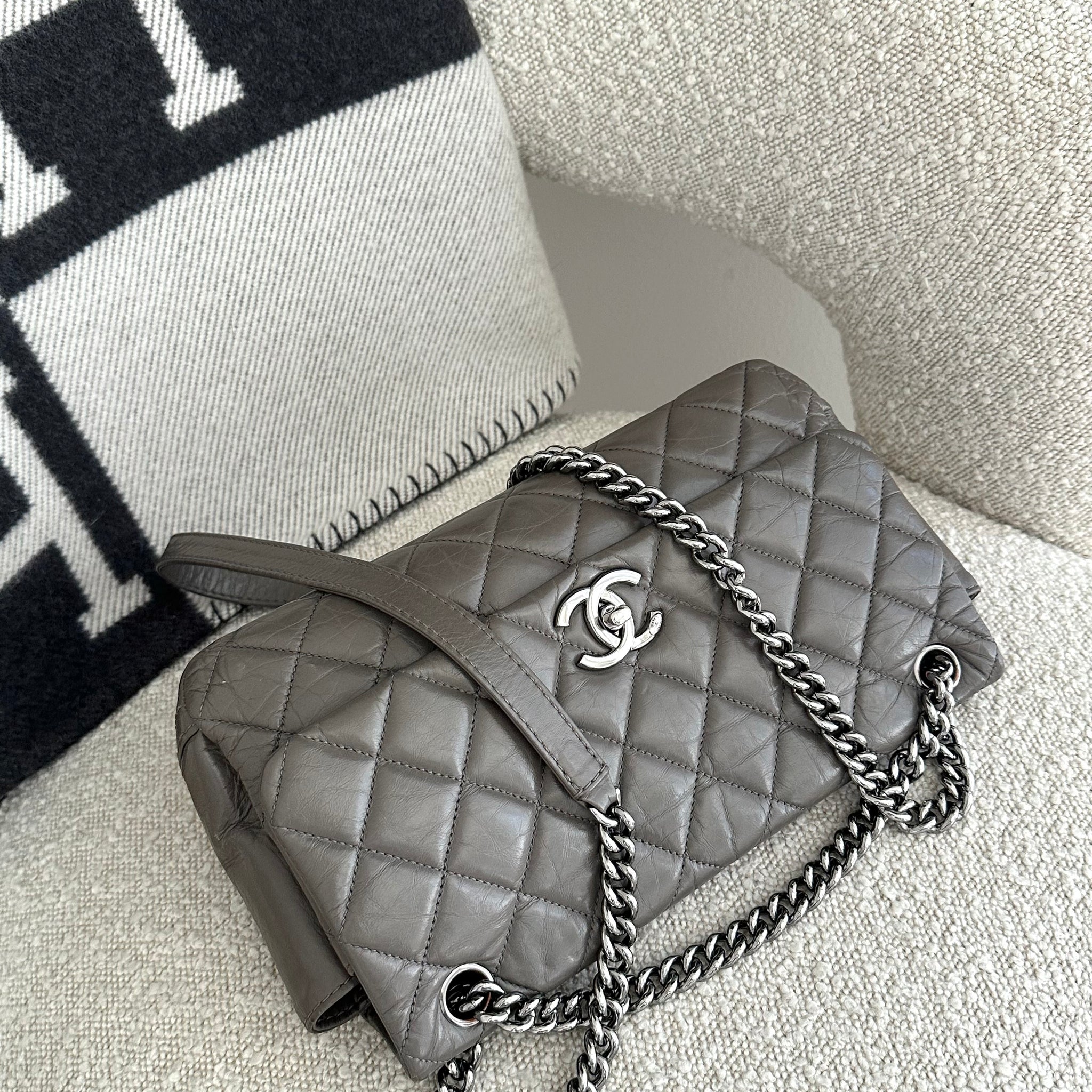 Chanel Lady Pearly Quilted Flap Bag Grey Aged Calfskin Ruthenium SHW