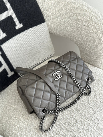 Chanel Lady Pearly Quilted Flap Bag Grey Aged Calfskin Ruthenium SHW