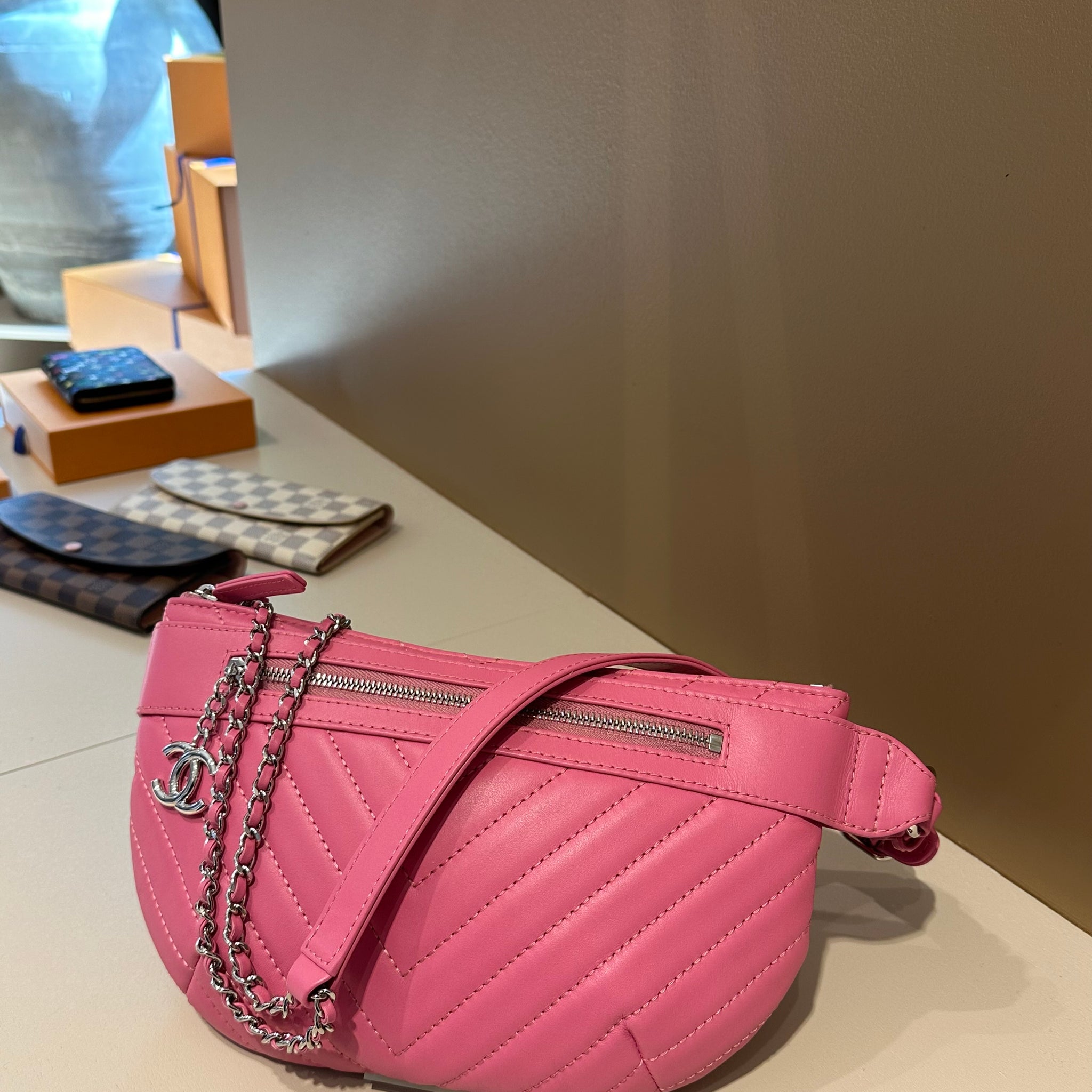 Chanel Chevron Quilted Waist Belt Bag Pink SHW