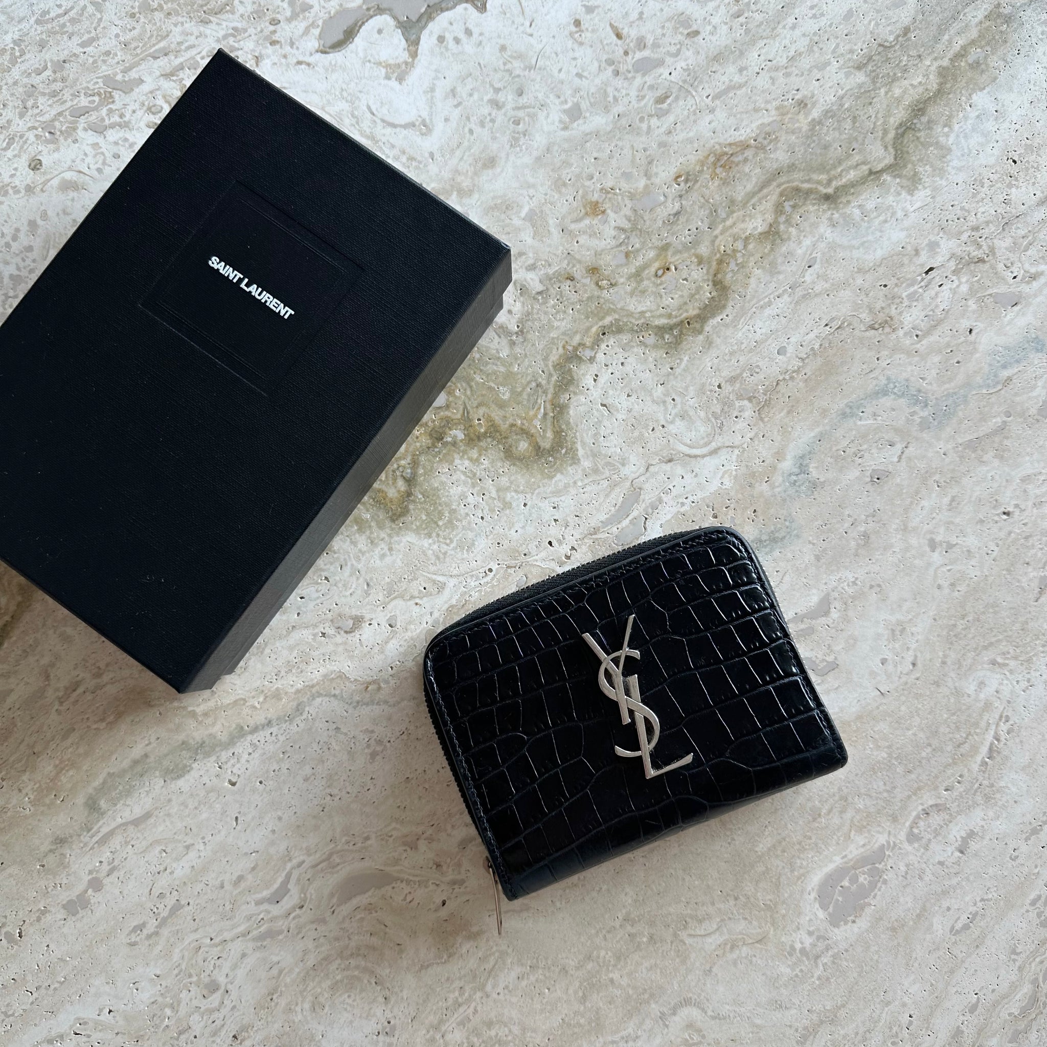 YSL Cassandre Compact Zip-Around Wallet Black Crocodile SHW