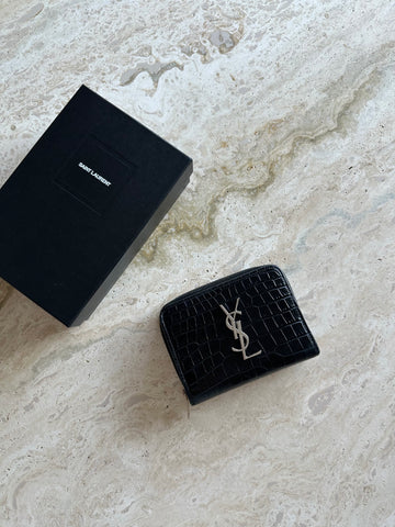 YSL Cassandre Compact Zip-Around Wallet Black Crocodile SHW