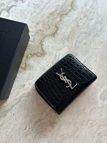 YSL Cassandre Compact Zip-Around Wallet Black Crocodile SHW